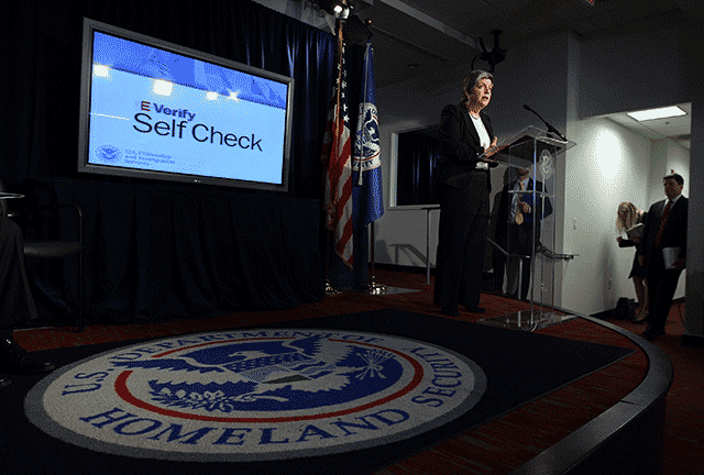 US Secretary of Homeland Security Janet Napolitano speaks during a news conference to announce the launch of E-Verify Self Check service March 21, 2011 in Washington, DC. (Photo: Alex Wong / Getty Images)