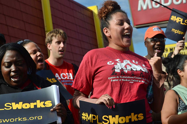 Stephanie Gasca at a rally with fast food workers pushing for Minneapolis City Council to Pass the MplsWorks Agenda, which included paid sick days and $15 minimum wage. (Photo: Courtesy of Stephanie Gasca) 