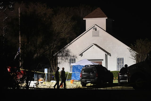 Law enforcement officials continue their investigation at First Baptist Church of Sutherland Springs during the early morning hours of November 6, 2017, in Sutherland Springs, Texas. Yesterday a shooter, Devin Patrick Kelley, killed 26 people at the church and wounded many more when he opened fire during a Sunday service. (Photo: Scott Olson / Getty Images)
