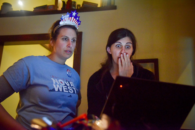 Danica Roem (Right,) who ran for house of delegates against GOP incumbent Robert Marshall, and Linda Daubert, (Left,) of Indivisible NOVA West, check out election results at an election watch party at Grafton Street Restaurant and Bar on Tuesday, November 7, 2017, in Gainesville, VA. Roem became the first transgender legislator elected in the USA later that night. (Photo: Jahi Chikwendiu / The Washington Post via Getty Images)