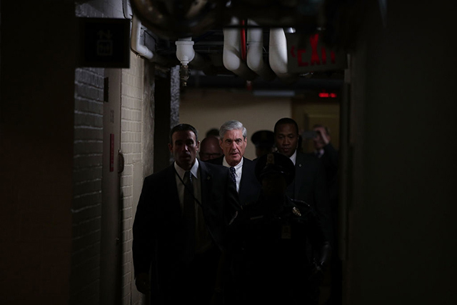 Special counsel Robert Mueller (center) leaves after a closed meeting with members of the Senate Judiciary Committee June 21, 2017 at the Capitol in Washington, DC. (Photo: Alex Wong / Getty Images)