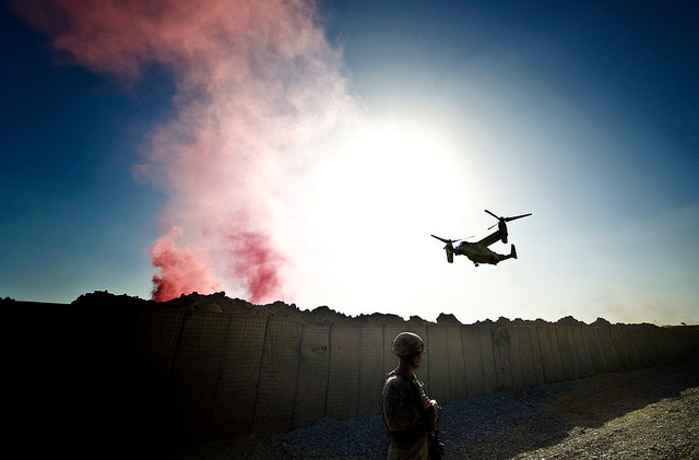 A US Marine Corps V-22 Osprey aircraft prepares to land at forward operating base Nawa in Helmand province, Afghanistan, Dec. 17, 2010.