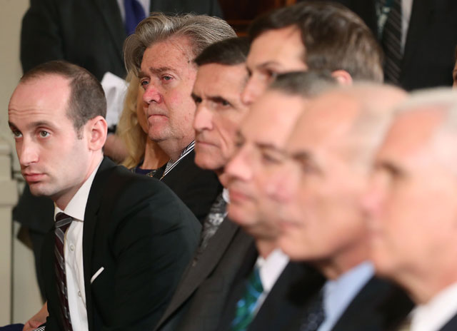 (L-R) US Senior White House policy adviser Stephen Miller, former-Chief Strategist Steve Bannon, former-National Security Adviser Michael Flynn, Senior Advisor Jared Kushner, former-White House Chief of Staff Reince Priebus, Vice President Mike Pence and former-Homeland Security Secretary John Kelly attend a joint news conference with President Donald Trump and Canadian Prime Minister Justin Trudeau in the East Room at the White House February 13, 2017 in Washington, DC. (Photo: Mark Wilson / Getty Images)