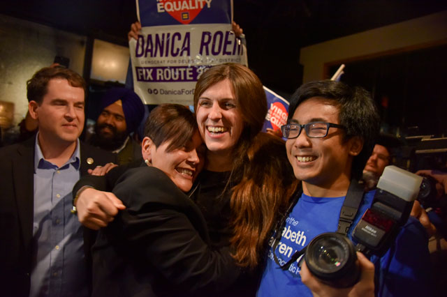 Danica Roem, who ran for house of delegates against GOP incumbent Robert Marshall, is greeted by supporters as she prepares to give her victory speech with Prince William County Democratic Committee at Water's End Brewery on Tuesday, November 7, 2017, in Manassas, VA. Roem is the first transgender legislator elected in the USA. (Photo: Jahi Chikwendiu / The Washington Post via Getty Images)