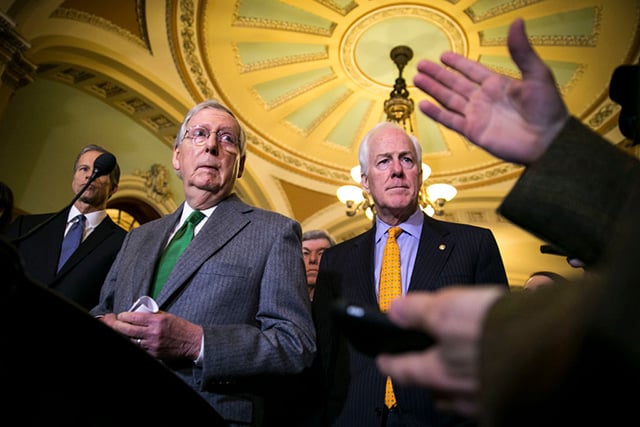 Senate Majority Leader Mitch McConnell and Sen. John Cornyn speak to reporters about the Alabama Senate race during a news conference on Capitol Hill, December 12, 2017, in Washington, DC. (Photo: Al Drago / Getty Images)