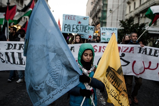 Palestinian sit-in for in front of the American embassy in Rome, Italy, December 22, 2017. President Trumps decision to recognise Jerusalem as Israels capital and move the American embassy from Tel Aviv has caused anger and protests from Palestinians and in the Arab world. (Photo by Paolo Manzo/NurPhoto via Getty Images)