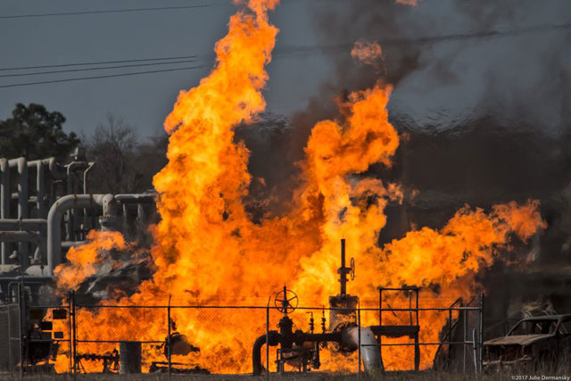 A fire raging on February 10, the day after an explosion at a Phillips 66 natural gas pipeline in Paradis, Louisiana.