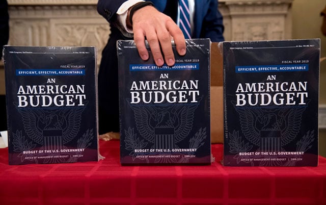 A Congressional staff member delivers copies of President Donald Trump's Fiscal Year 2019 Government Budget at the House Budget Committee on Capitol Hill in Washington, DC, February 12, 2018. (Photo: Saul Loeb / AFP / Getty Images)