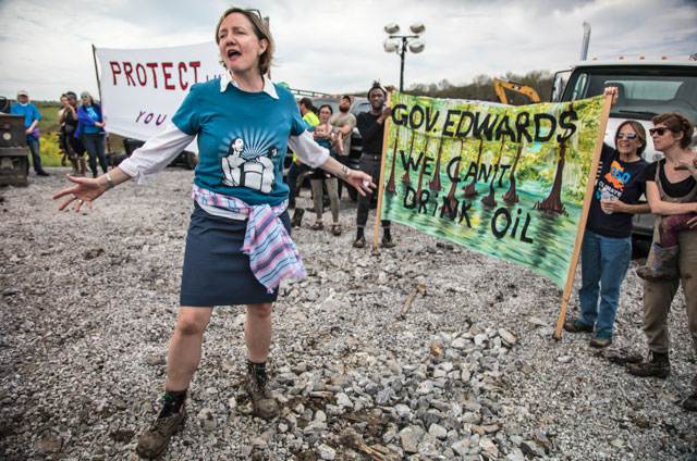 Protesters gather at a Bayou Bridge Pipeline construction site on Monday. The pipeline would run 162 miles across much of southern Louisiana and traverse sensitive wetlands in the Atchafalaya Basin. (Photo: © 2018 Julie Dermansky)
