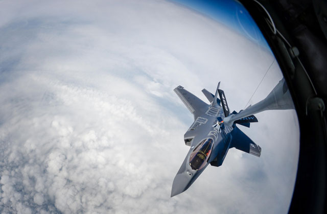 A F-35A Lightning II is refueled during a flight to Graf Ignatievo Air Base, Bulgaria, April 28, 2017. President Trump's proposed 2019 budget includes $10.6 billion for the underperforming aircraft.