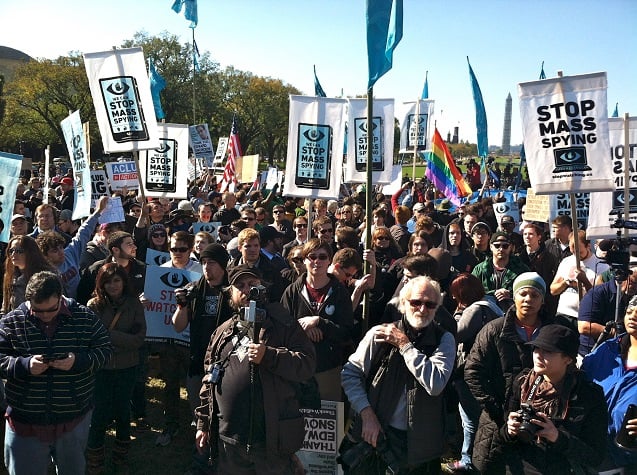 Demonstrators rally against mass surveillance outside Capitol Hill in Washington, DC, on Saturday, October 26. (Photo: Rania Khalek).
