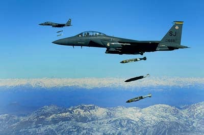 U.S. Air Force F-15E Strike Eagles conduct an airstrike in eastern Afghanistan, Nov. 26, 2009.