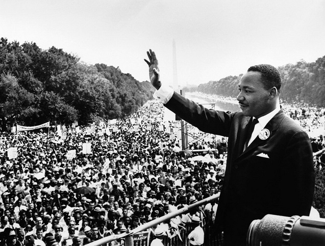 Martin Luther King Jr. addresses a crowd from the steps of the Lincoln Memorial where he delivered his famous, “I Have a Dream,” speech during the March on Washington, DC, August 28, 1963. (Photo: <a href=