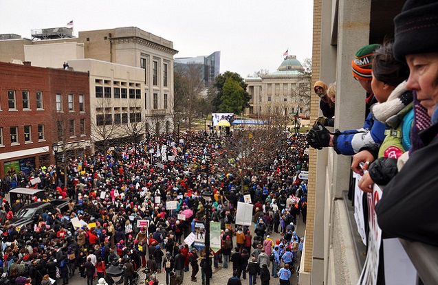 February 8, 2014: Tens of thousands marched on the capital building in Raleigh, North Carolina, to protest the extreme politics of the current state government. (Photo: <a href=