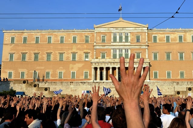 Protesters against the government's unpopular austerity measures, opposite the Greek Parliament, in Athens Syntagma Square, June 1, 2011.