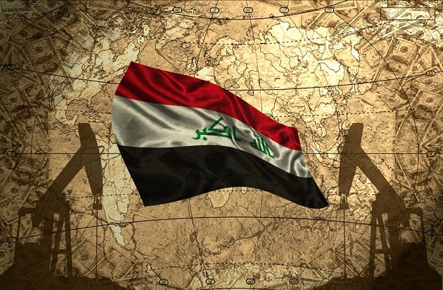 Iraq flag on the background of a world map with oil derricks and money. (Image <a href=