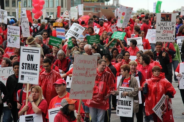 Teachers on strike and protesting in downtown Chicago, September 13, 2012. (Photo <a href=
