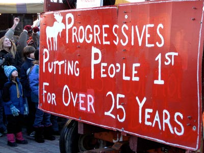 A Progressive Party sign in the Burlington Mardi Gras in Vermont, February, 2007.