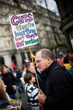 Protesters demonstrate against austerity cuts in London, UK, March 2011.