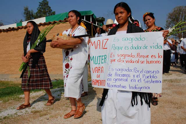 Women in favor of the defense of native corn in Oaxaca perform a theatrical representation of the importance of rituals and offerings for the protection of corn, which is considered sacred. (Photo: Santiago Navarro F.) 