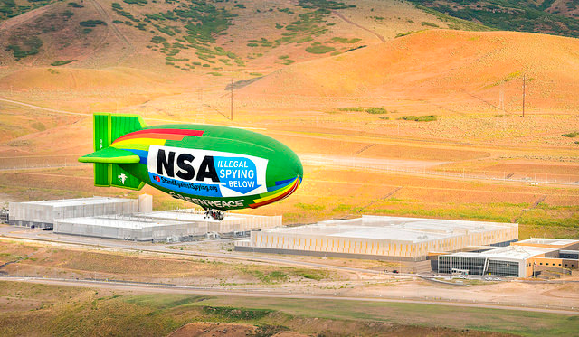 A coalition of grassroots groups from across the political spectrum joined forces to fly an airship over the NSA's data center in Bluffdale, Utah on Friday, June 27, 2014, to protest the government's illegal mass surveillance program. The environmental group Greenpeace flew its 135' long thermal airship over the data center carrying the message 