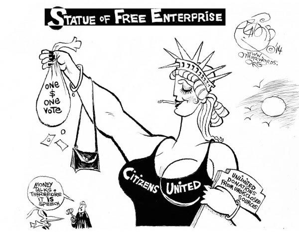 Statue of Free Enterprise, an OtherWords cartoon by Khalil Bendib