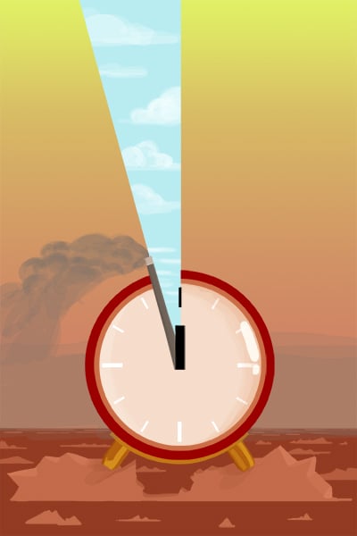 The hand has not moved forward because a giant meteor is about to crash into Central Europe, or because a ring of volcanoes is due to erupt from France to Siberia, or because alien invaders from a distant galaxy are about to land in the American Corn Belt. No, the hand of the clock has moved forward, from five minutes to three minutes before midnight, because of human activity itself. (Image: Lauren Walker / Truthout)