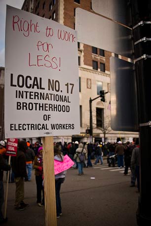 Protesters rally against the right-to-work law passed in Lansing, Michigan, December, 2012. 