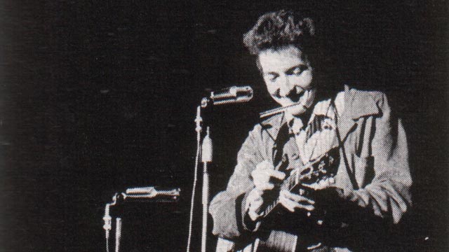 Bob Dylan performing at St. Lawrence University in New York, November 26, 1963.