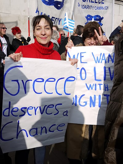 LONDON 15 Feb 2015-  People gathered in Trafalgar Square to show support for the new Greek Government run by the anti-austerity party Syriza. (Photo: Sheila)