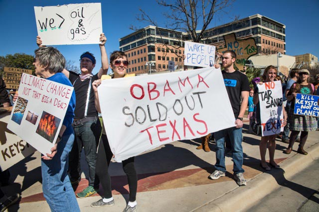 Protesters against the Keystone XL in Austin, Texas on February 17, 2013 in solidarity with protesters in Washington D.C. where tens of thousands rallied in against Climate Change. (Photo: ©2013 Julie Dermansky)