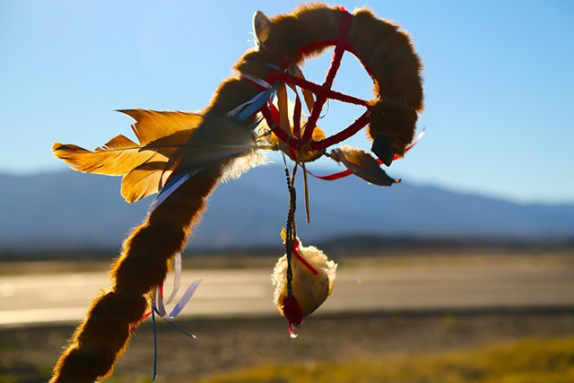 One of the sacred staffs carried by the Apache activists. This staff is not to enter a vehicle and is to be carried the entire way to Oak Flat. (Photo: Roger Hills)