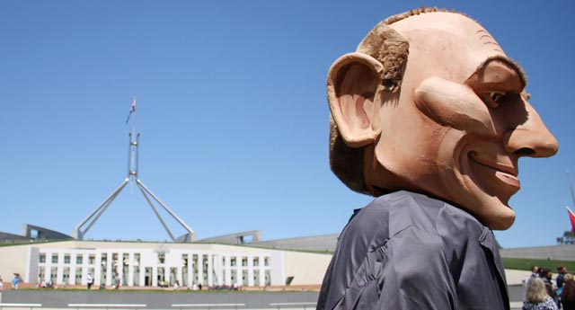A Tony Abbott puppet outside Parliament House in Canberra, 2014.