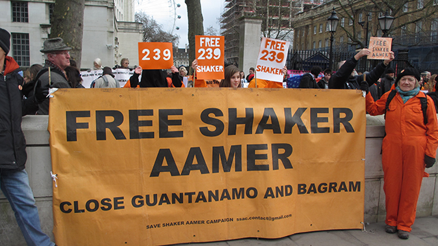 Valentine's Day 2015 protest opposite Downing Street to mark 13th anniversary of Shaker Aamer's detention without charge or trial at Guantánamo. (Photo: Aisha Maniar)