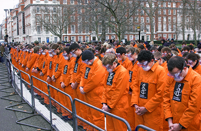 London Protesters gather outside the US Embassy demanding the closure of the Guantanamo Bay prison camp. Photo undated. (Photo via shutterstock)