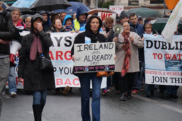 Protesters march to the center of Dublin in anger of the government introducing a second charge for household water on November 1, 2014 in Dublin, Ireland.