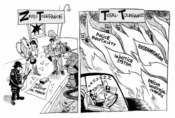 Baltimore’s Tolerance Double Standard. (Cartoon: Khailil Bendib / OtherWords)
