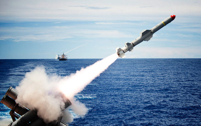 The USS Cowpens launches a Harpoon Missile from the aft missile deck as part of a live fire excercise, September 12, 2012. 