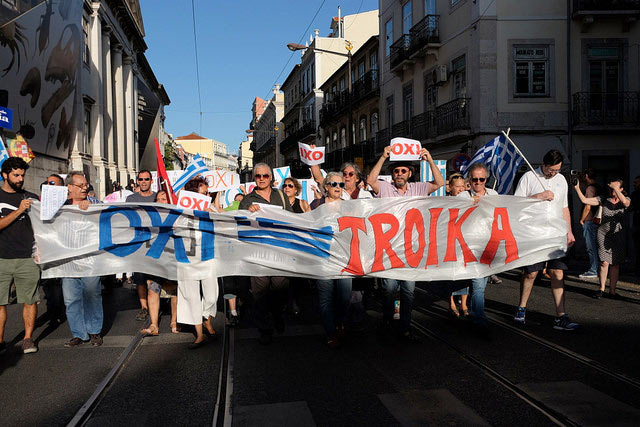 One day before the referendum of July 5, 2015, a rally in Portugal in solidarity with the people of Greece urged a no (oxi) vote.