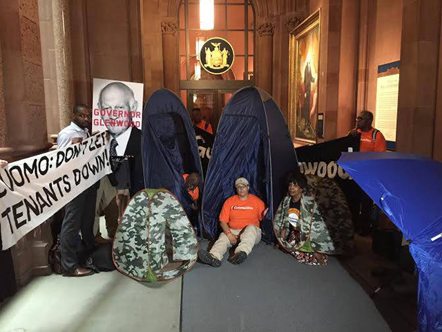 Tenants at risk of losing their homes due to weak rent laws set up camp outside of Governor Andrew Cuomo’s office in Albany. (Photo: Facebook / Alliance for Tenant Power)
