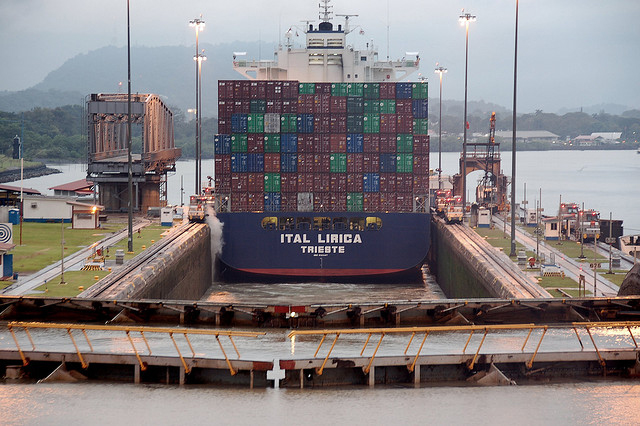 A cargo ship exists the Panama Canal. The Grand Canal project currently under consideration for Nicaragua threatens to displace Indigenous tribal groups in the area, who were not consulted during the planning of the project. (Photo: Scott Ableman)