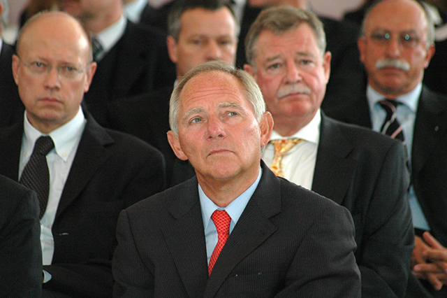 14 August, 2006: Wolfgang Schaeuble and others at a reception for the German national soccer team after the world championship, Schloss Bellevue, Berlin. (Photo via Shutterstock)