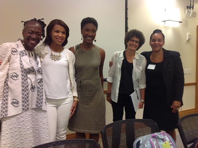 Andrea James, FreeHer visionary, (right to left) with national activists Susan Rosenberg, Tina Reynolds, Kemba Smith and Deborah Small, from the panel Why We're Here. (Photo: Jean Trounstine)