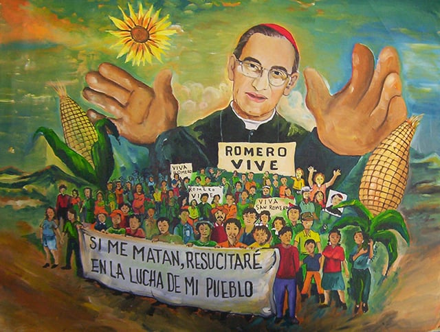 The banner on this “Romero Vive” painting reads, “If they kill me, I will be resurrected in the struggle of my people.
