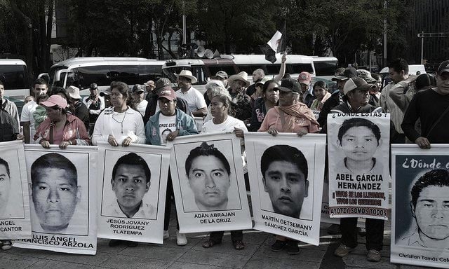 A protest march from December, 2014, on behalf of the 43 students from the Ayotzinapa Normal School in Mexico that were kidnapped by state authorities.