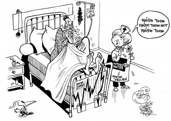The Stock Market Breaks Into Cold Sweats (Cartoon: Khalil Bendib / OtherWords)