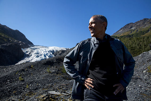 President Obama in Kenai Fjords National Park with Exit Glacier in the background.