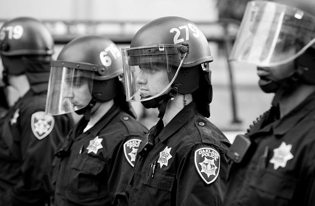 Oakland police officers holding riot squad formation, July, 2010.
