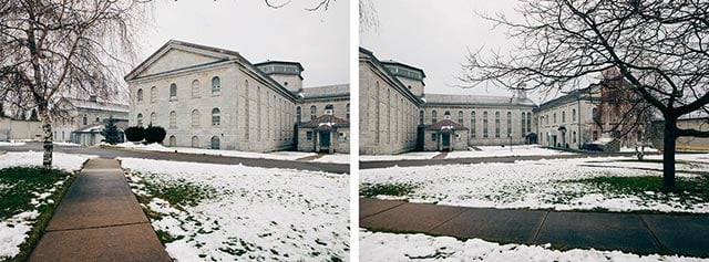 Design for Another Era: walkways intersect in front of the grandiose north facade of the main cellblock building (left) and an admin building (right) that was once used as a chapel and a dining hall. (Photo: Cindy Blažević)