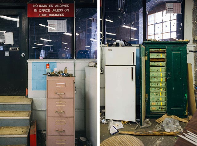 Imprisoning Women: Cabinets and a fridge sit in front of the control room window for the metal workshop. Blazevic's work notes that incarcerated women do not have the same programming opportunities (and hence post-prison work qualifications) that men do. (Photo: Cindy Blažević)